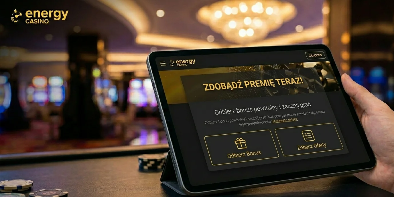 Strona oferty powitalnej Energy Casino z trofeum i progami depozytu